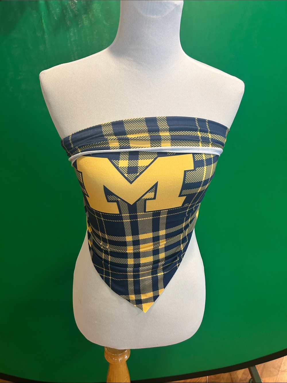 University-Inspired Navy and Yellow Plaid Strapless Crop Top